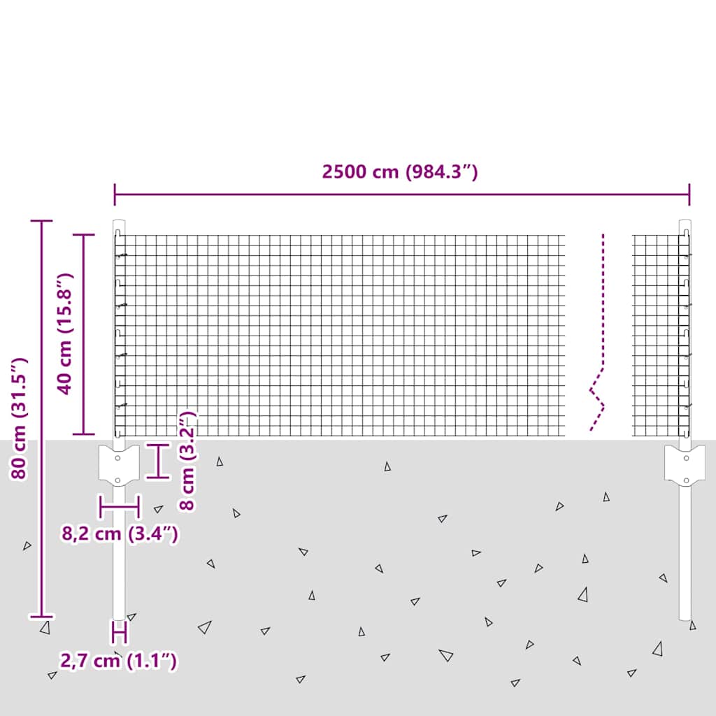 vidaXL Φράχτης με 11 U Πόδια Ασημί 0.4x25 μ Χάλυβα