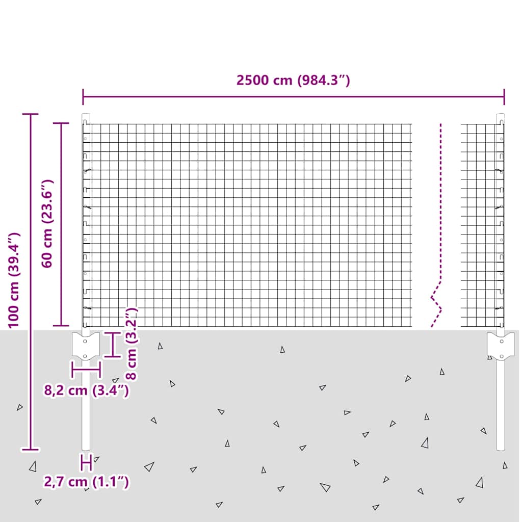 vidaXL Συρμάτινη Περίφραξη με 11 Πόδια Γκρι 0,6x25 μ Χάλυβας