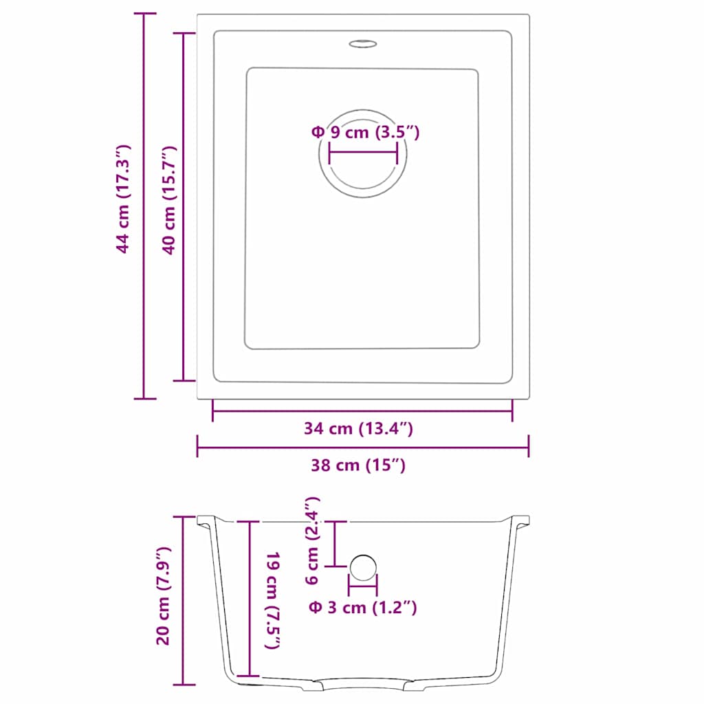 vidaXL Νιπτήρας Κουζίνας με Οπή Υπερχείλισης σε Μαύρη Γρανίτη