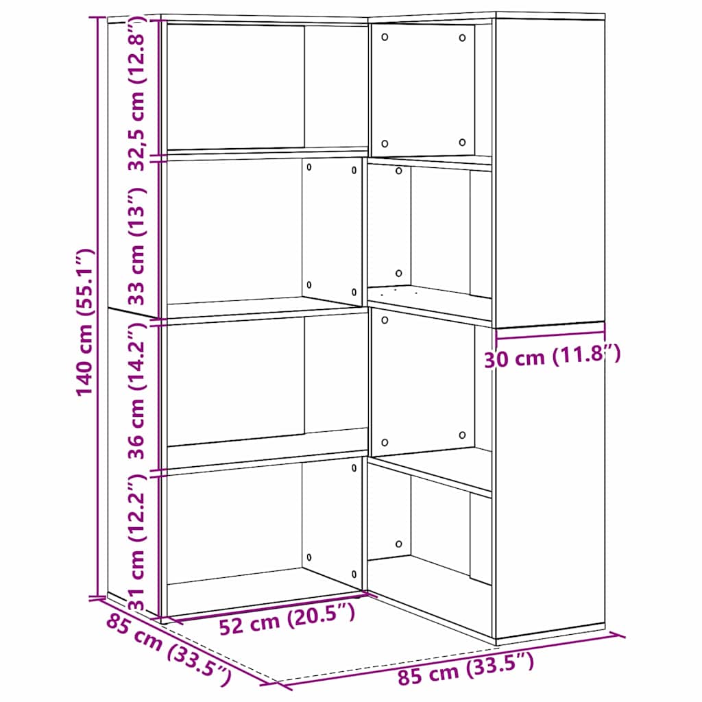 vidaXL Βιβλιοθήκη Μαύρη δρυς 140 x 30 x 140 εκ Επεξεργασμένο ξύλο