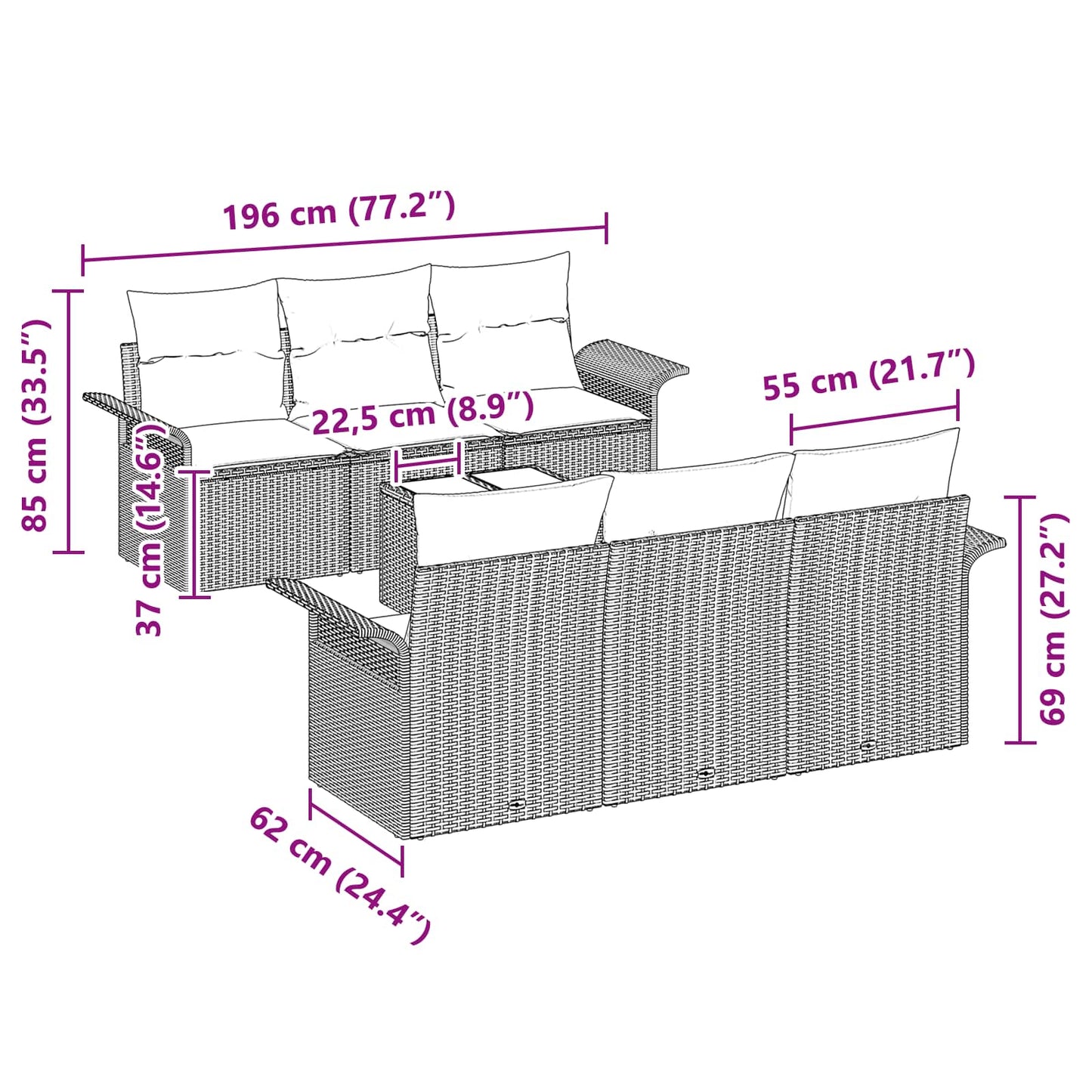 vidaXL Σετ Καναπέ Κήπου με μαξιλάρι 7 pcs Μαύρο συνθετικό ρατάν