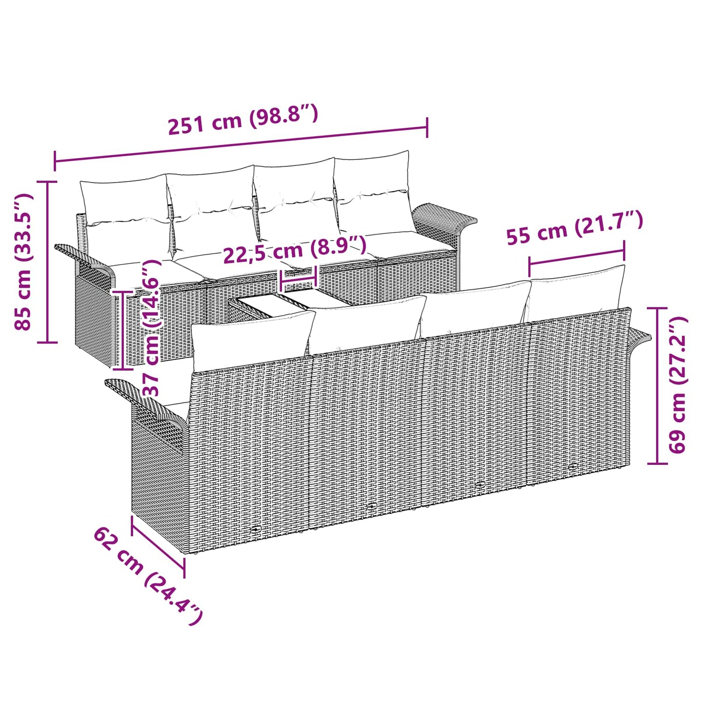vidaXL Σετ Καναπέ Κήπου με μαξιλάρι 9 pcs Μαύρο συνθετικό ρατάν
