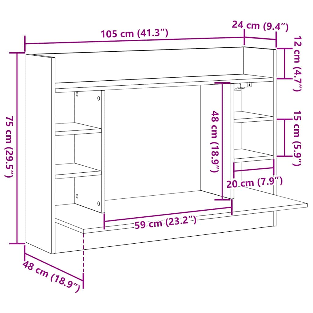 vidaXL Επιτοίχιο γραφείο με ράφι Μαύρη δρυς 105 x 48 x 75 εκ.
