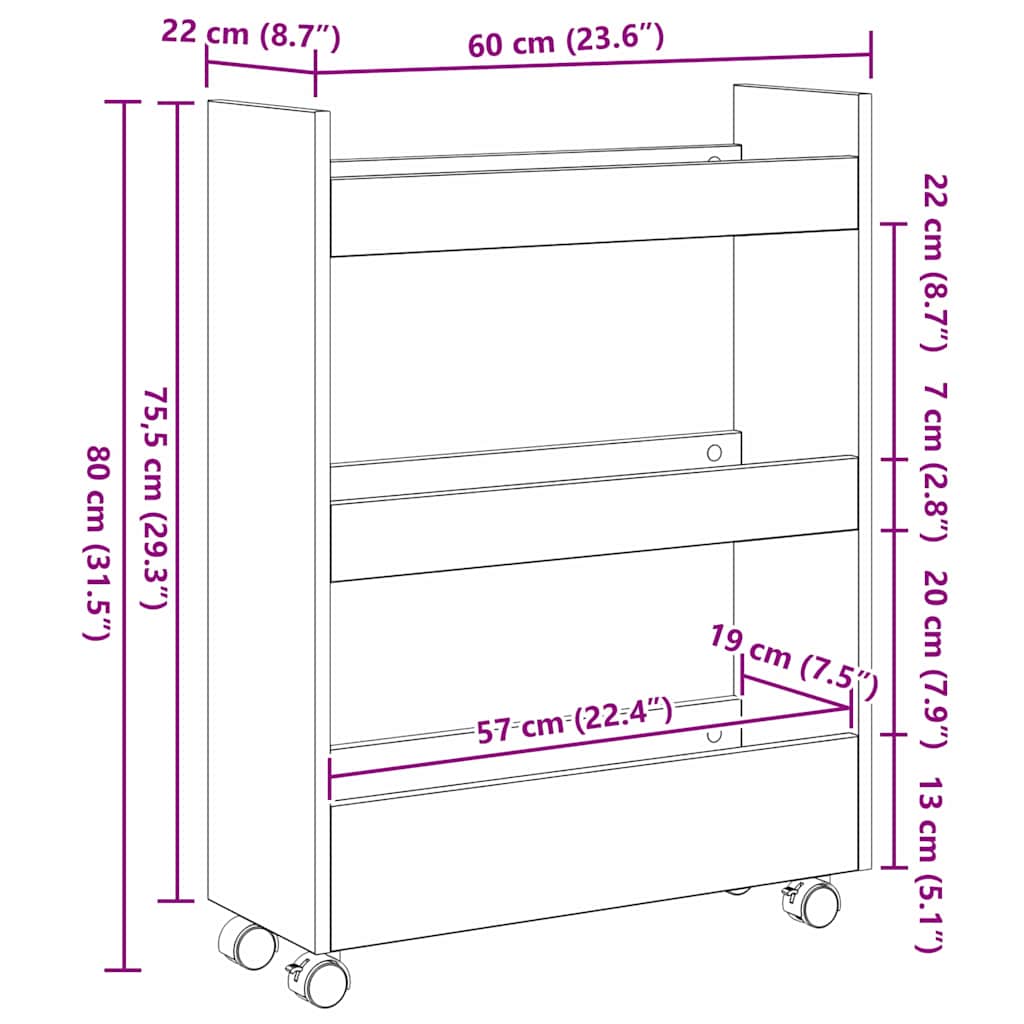 vidaXL Λεπτό Καρότσι Αποθήκευσης Μαύρη Οξυά 60 x 22 x 80 εκ.