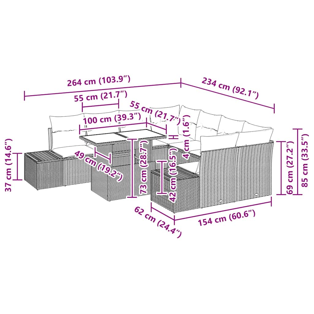 vidaXL Σετ Καναπέ Κήπου με μαξιλάρι 9 pcs Ανοιχτό γκρι συνθετικό ρατάν