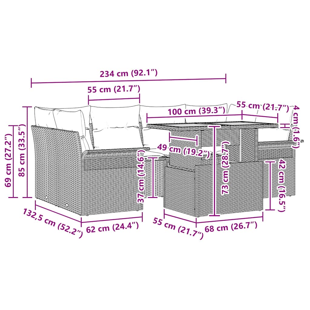 vidaXL Σετ κήπου 7 κομματιών με μαξιλάρια Γκρι Poly Rattan Acacia