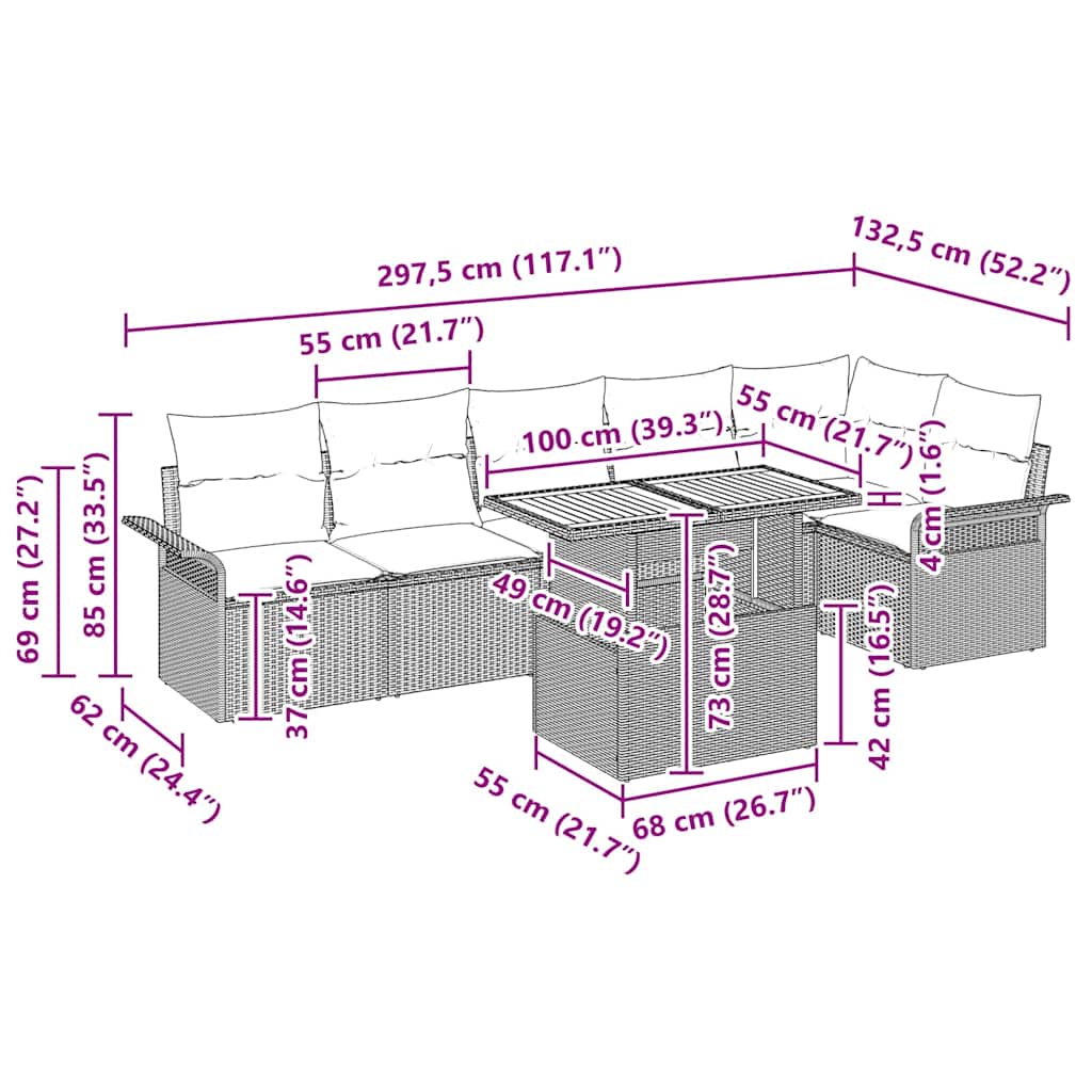 vidaXL Σετ Καναπέ Κήπου 7 pcs Μαύρο και κρεμ 100 x 55 x 73 εκ