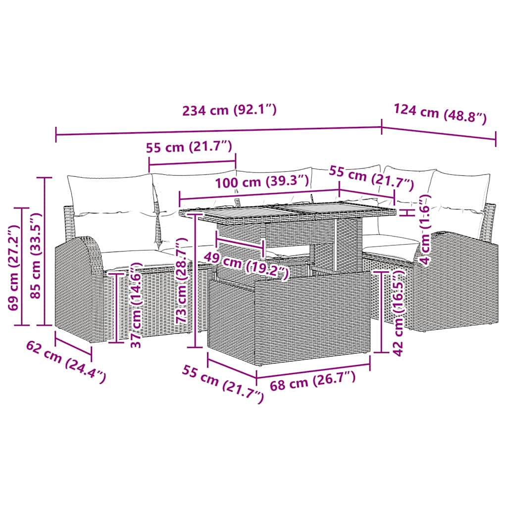 vidaXL σετ εξωτερικού χώρου 6 κομματιών με μαξιλάρια Γκρι Πολυ Ράτταν Ακακίας