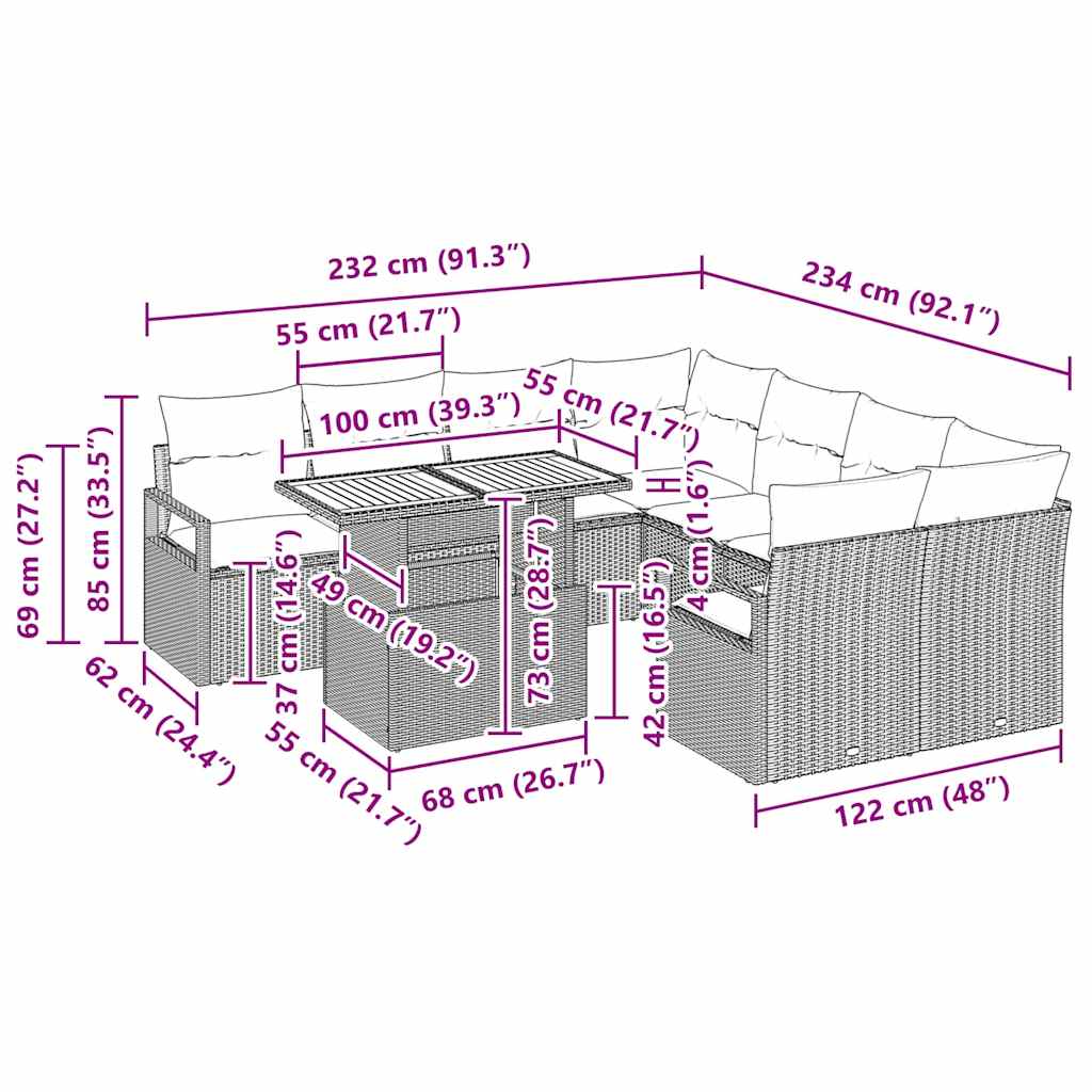 vidaXL Σετ καναπέ κήπου με μαξιλάρι 9 pcs Μπεζ και Κρέμα Μεγάλος