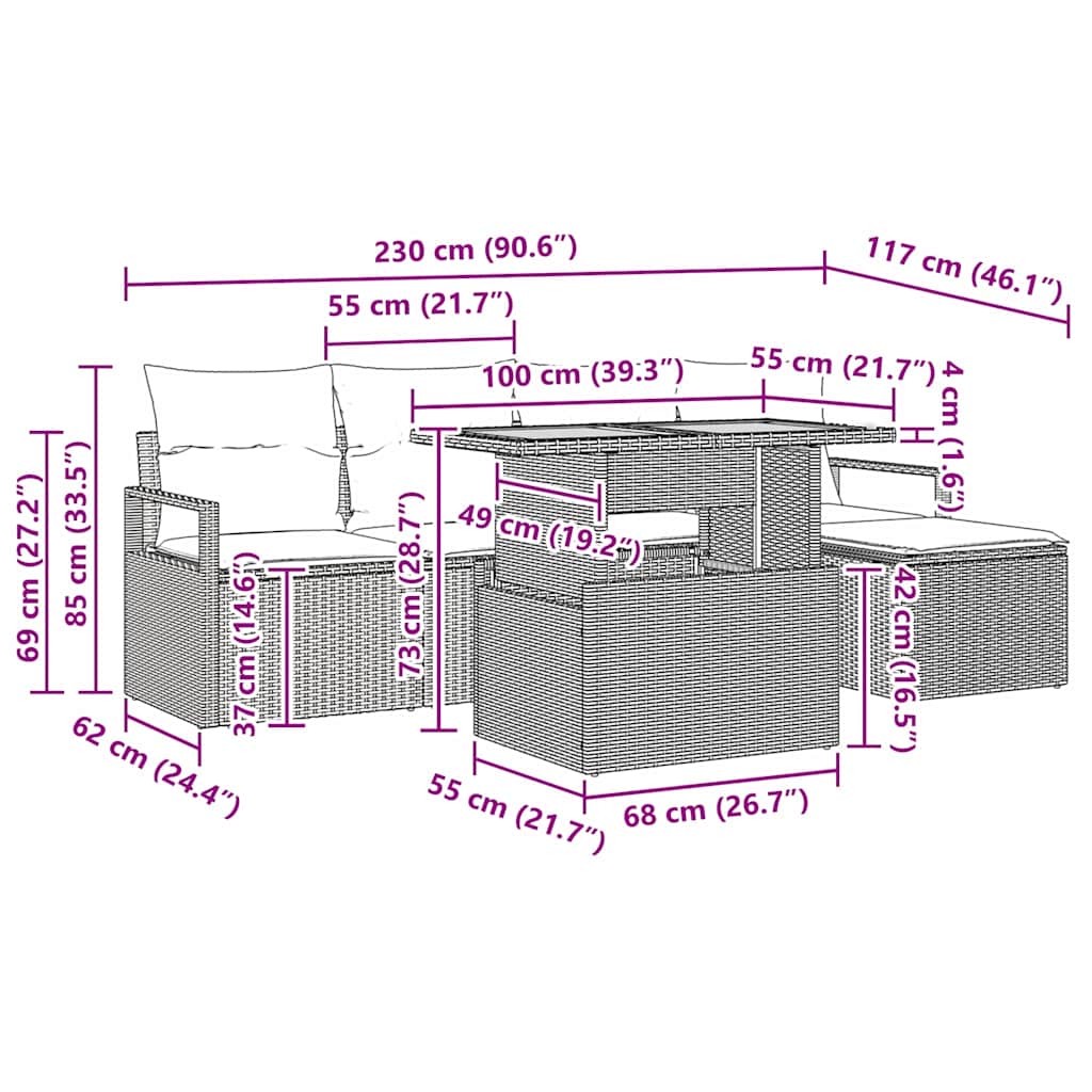 vidaXL Σέτ φαγητού για κήπο με μαξιλάρι 6 pcs Μαύρο και Κρέμα