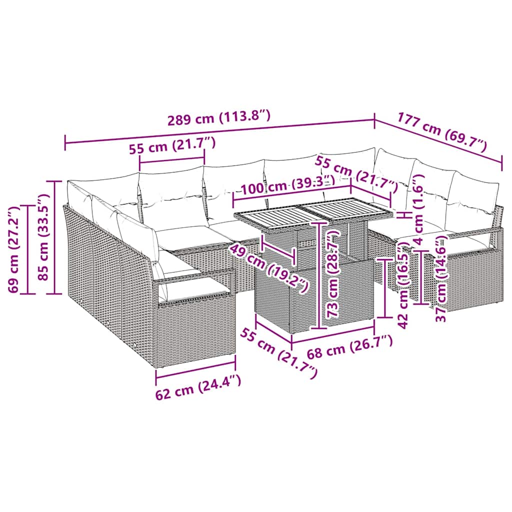 Σετ Εξωτερικών Καναπέδων 10 τεμαχίων vidaXL με Μαξιλάρια Μαύρο Πολυ Ρατάν Ακακίας