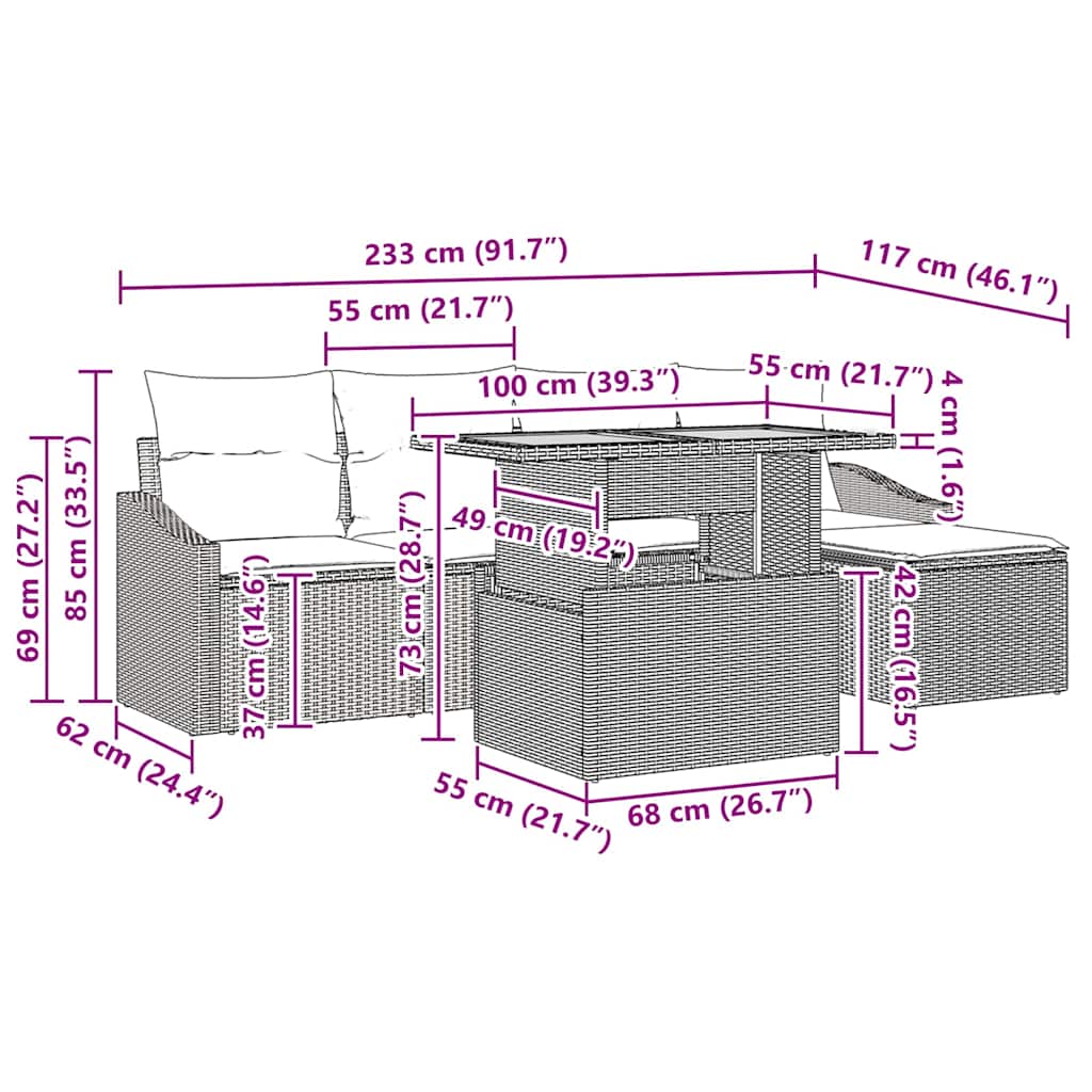 vidaXL Σέτ φαγητού για κήπο με μαξιλάρι 6 pcs Μαύρο και Καφέ