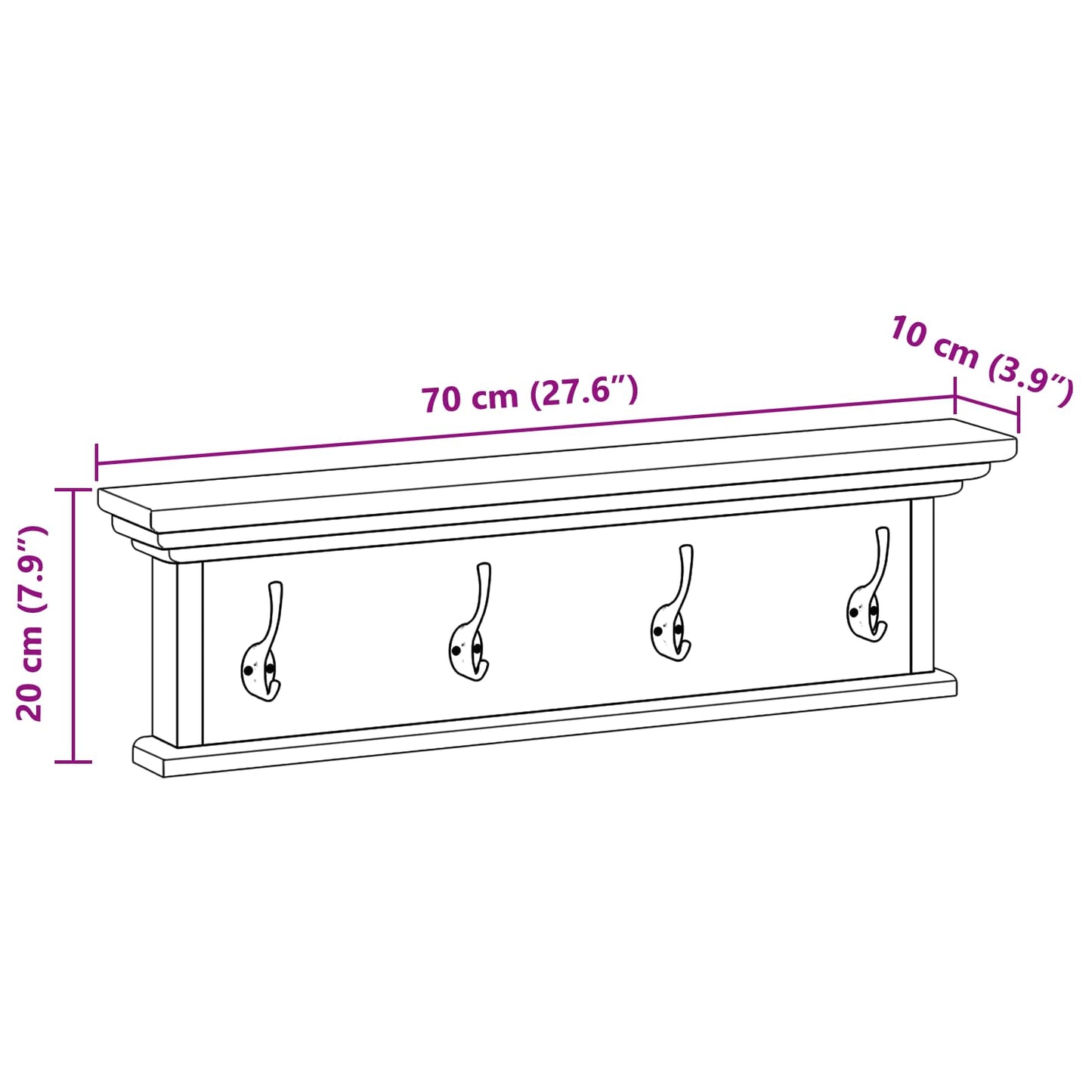 vidaXL Κρεμάστρα Τοίχου Φυσικό 70 x 10 x 20 cm Στερεό Ξύλο Τίκ