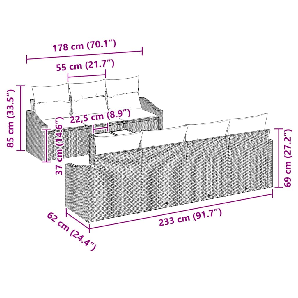 vidaXL Σετ τραπεζαρίας κήπου 8 τεμαχίων με μαξιλάρια μαύρο πολυεπίπεδο ράτα