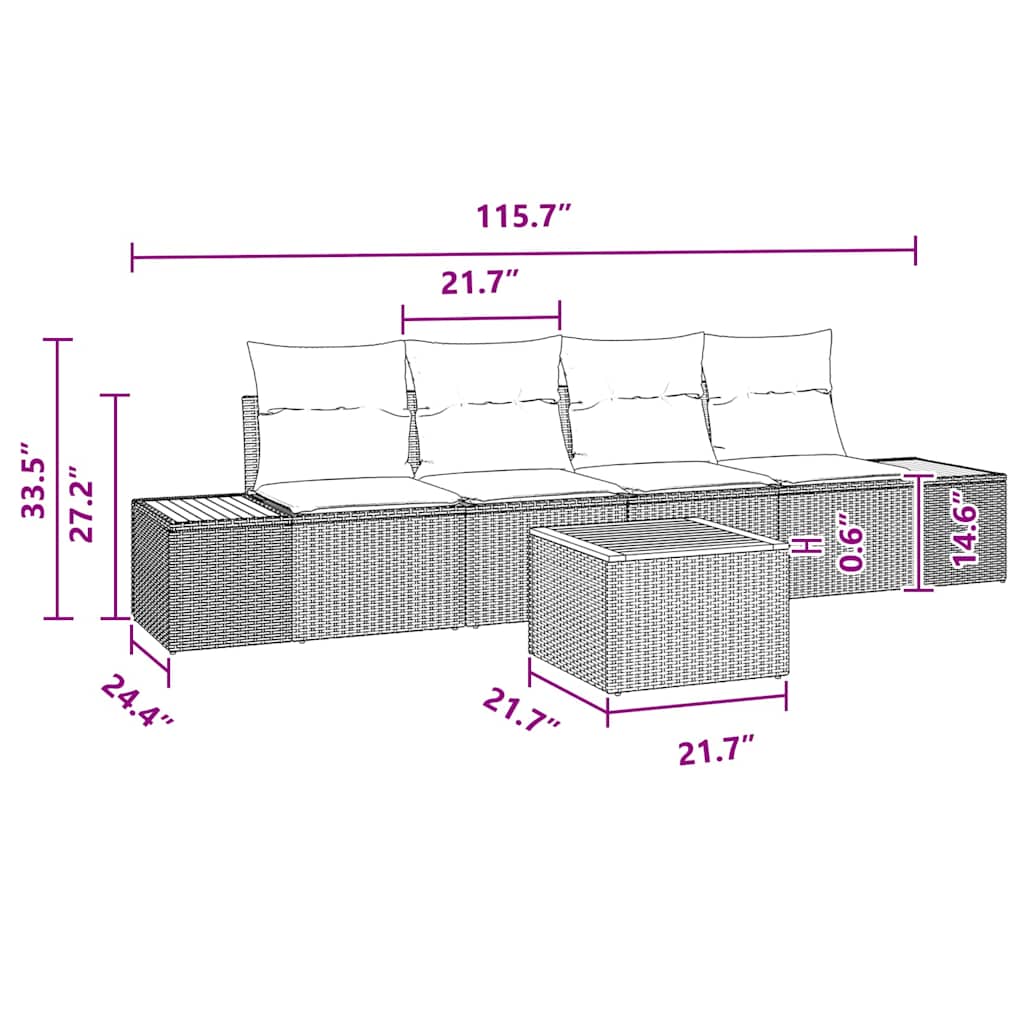 Σετ Σαλονιού vidaXL 5 τεμαχίων με μαξιλάρια Μαύρο Πολυ Ρατάν Ακακία