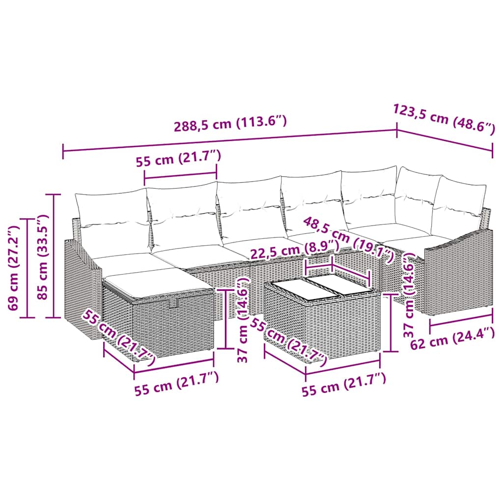 vidaXL 8 Κομμάτι Σετ Καναπέ Κήπου με Μαξιλάρια μπεζ Πολυ Ρατάν