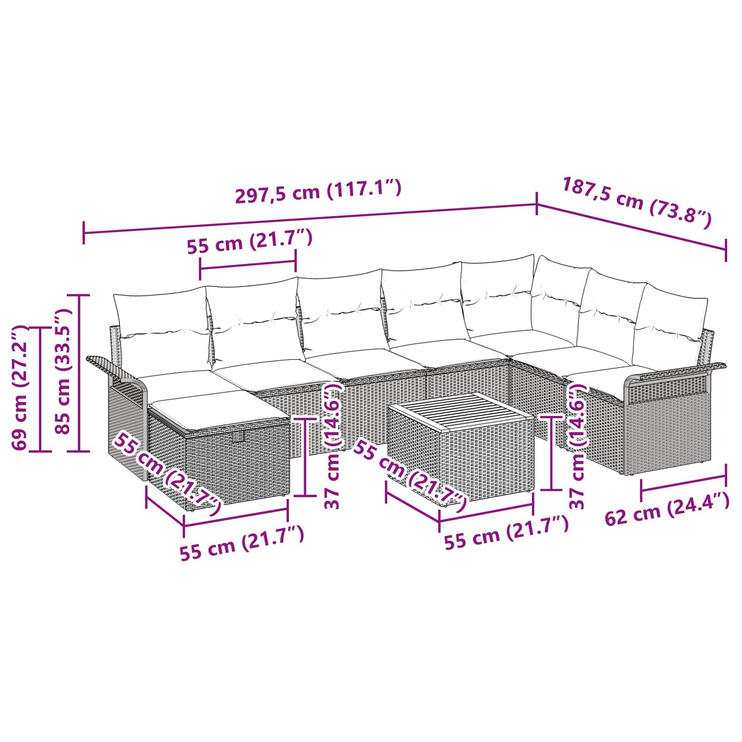 vidaXL Σετ Καναπέ Κήπου με μαξιλάρι 9 pcs Μαύρο συνθετικό ρατάν