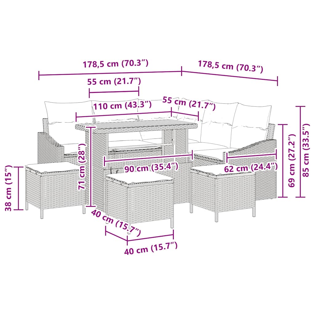 vidaXL Σετ Καναπέ Κήπου με μαξιλάρι 9 pcs Μπεζ, Κρέμα 110 x 55 x 71 εκ