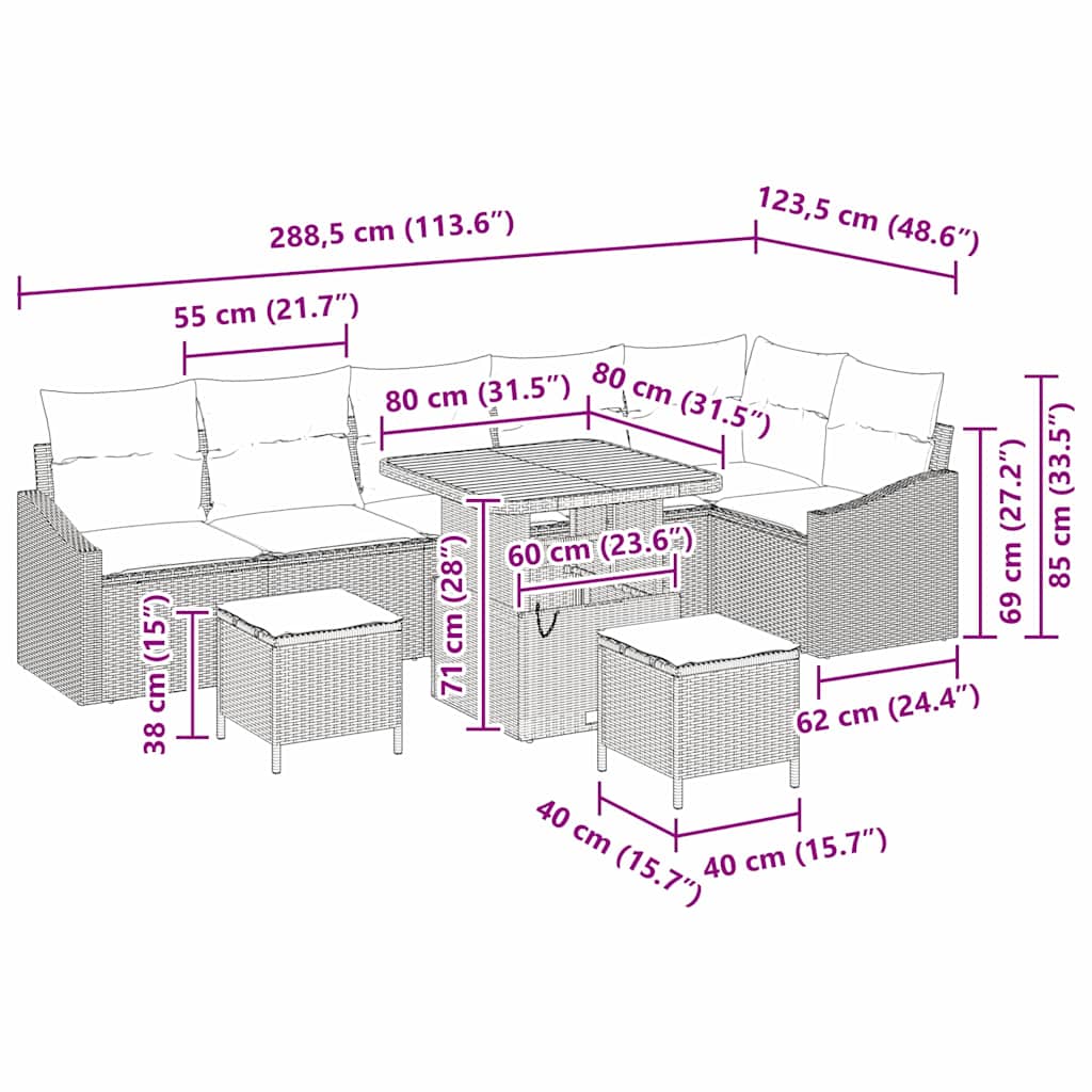 vidaXL Σετ Καναπέ Κήπου με μαξιλάρι 9 pcs Μπεζ Πολυ ράταν