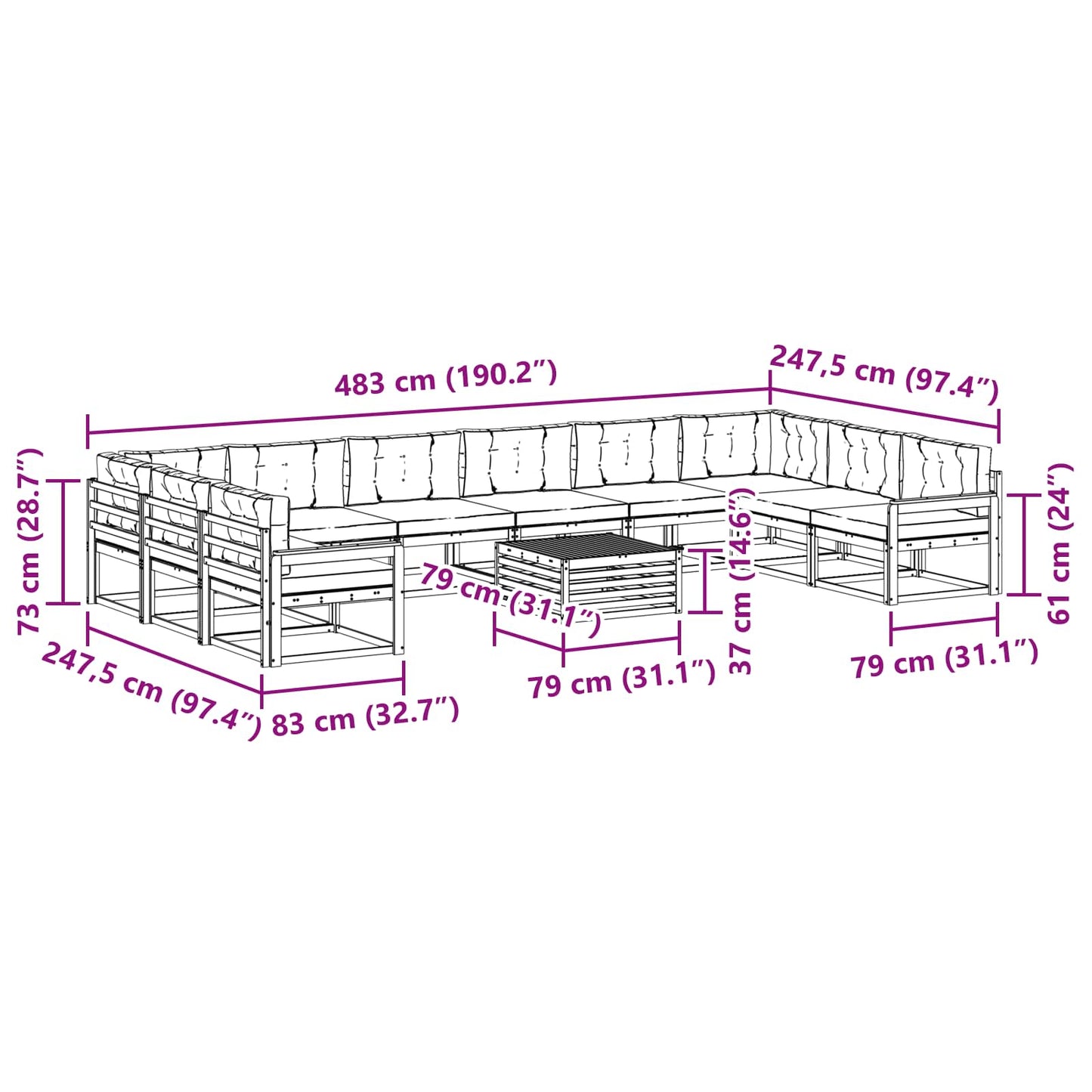vidaXL Σειρά Καναπέ Εξωτερικού με μαξιλάρι 11 pcs Φυσικό και Κρέμα
