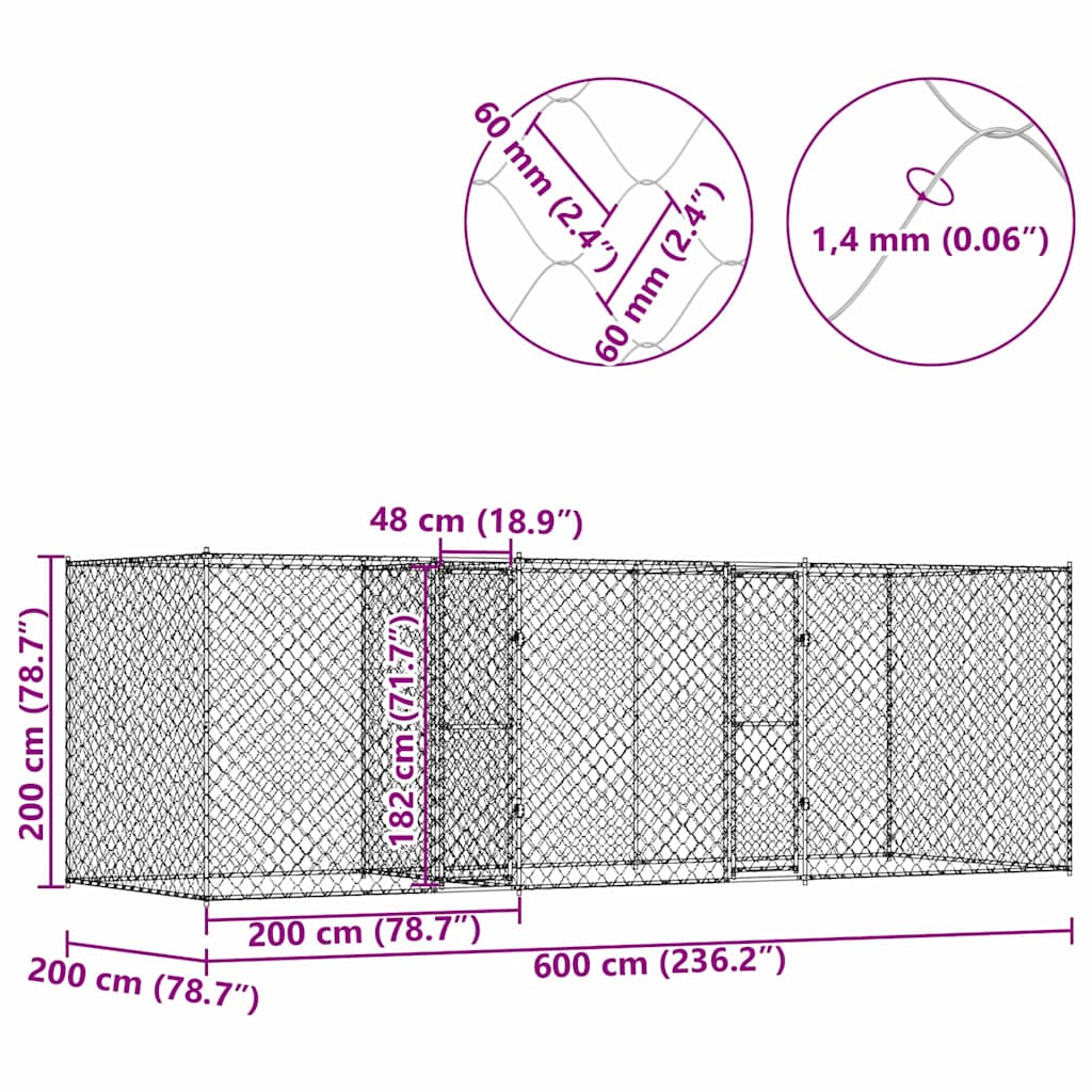 vidaXL Κλουβί σκύλου Ασημί 600 x 200 x 200 εκ. Επικαλυμμένος Χάλυβας