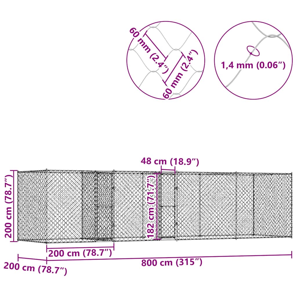 vidaXL Κλουβί σκύλου Ασημί 800 x 200 x 200 εκ. Επικαλυμμένος Χάλυβας