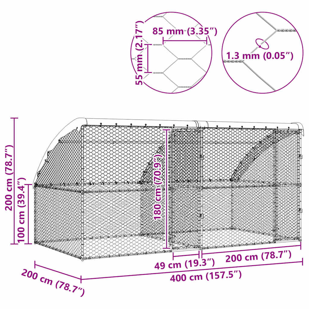 vidaXL Κλουβί Σκύλου με αποθήκευση 2 pcs Ασημί 4 x 2 x 2 m Ατσάλι