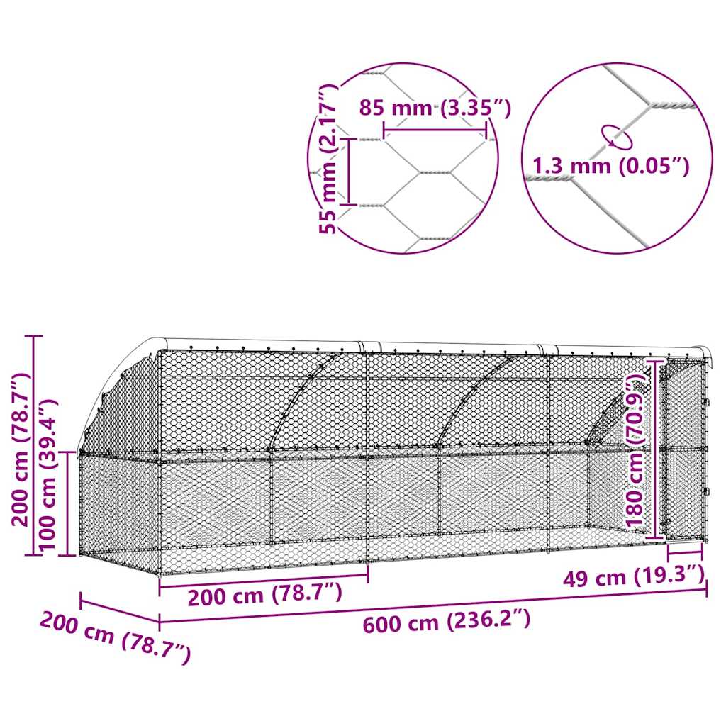 vidaXL Κλουβί Σκύλου με αποθήκευση 3 pcs Ασημί 6 x 2 x 2 m Ατσάλι