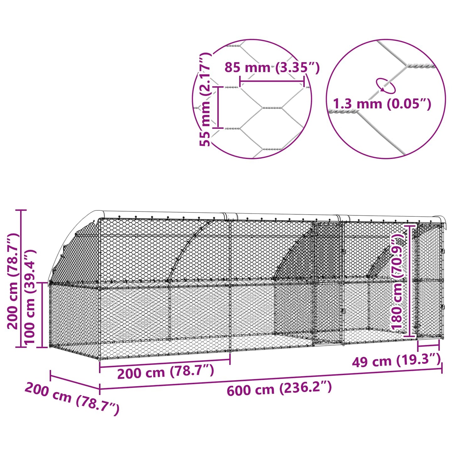 vidaXL Κλουβί Σκύλου με αποθήκευση 3 pcs Ασημί 6 x 2 x 2 m Ατσάλι