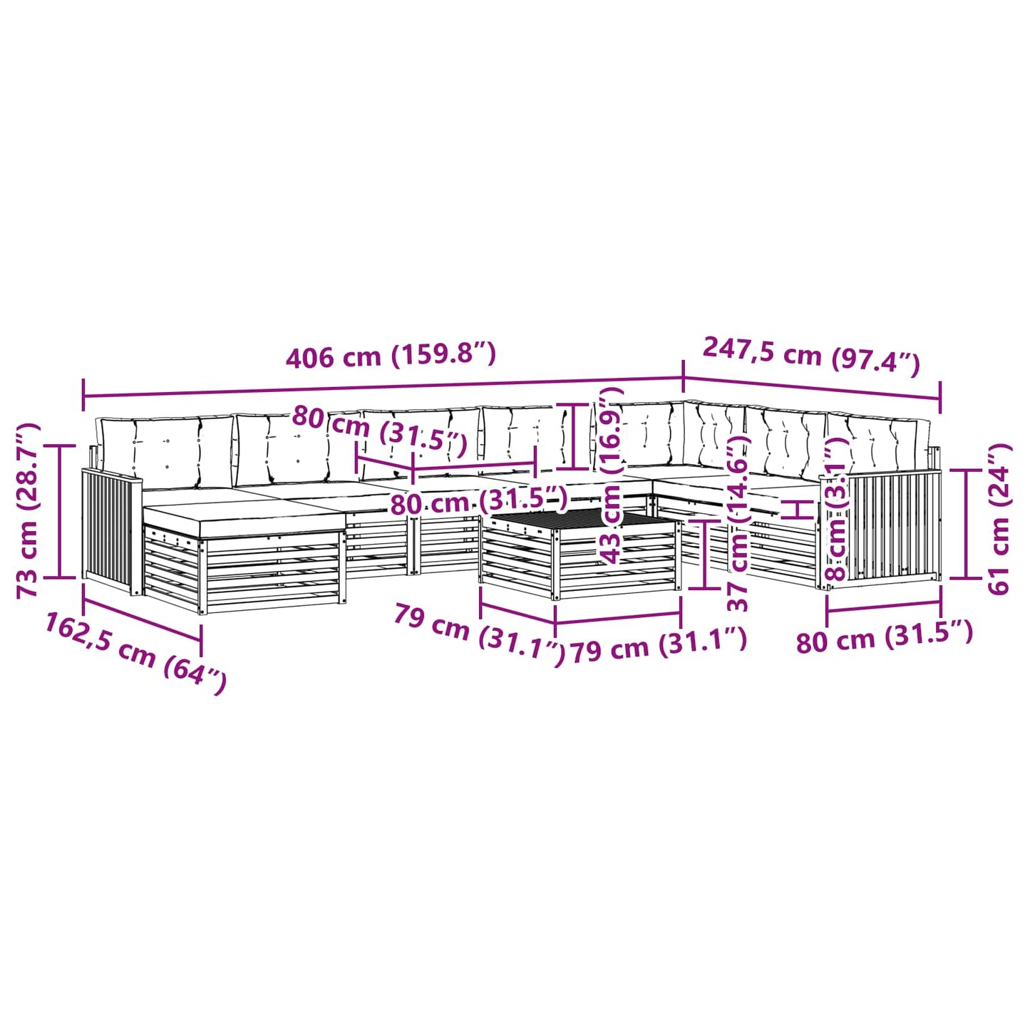 vidaXL Σειρά Καναπέ Εξωτερικού με μαξιλάρι 9 pcs Φυσικό και Ανθρακί