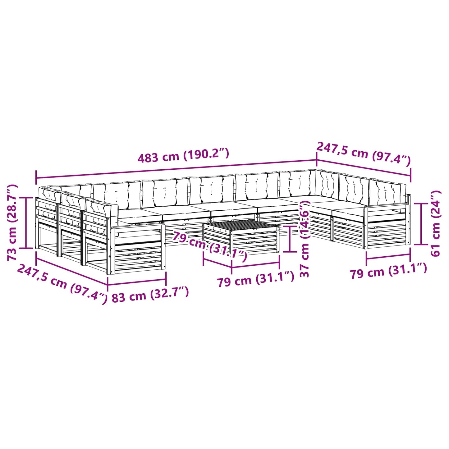 vidaXL Σετ Καναπέ 11 pcs Φυσικό και Κρέμα Στερεό Ξύλο Ακακίας
