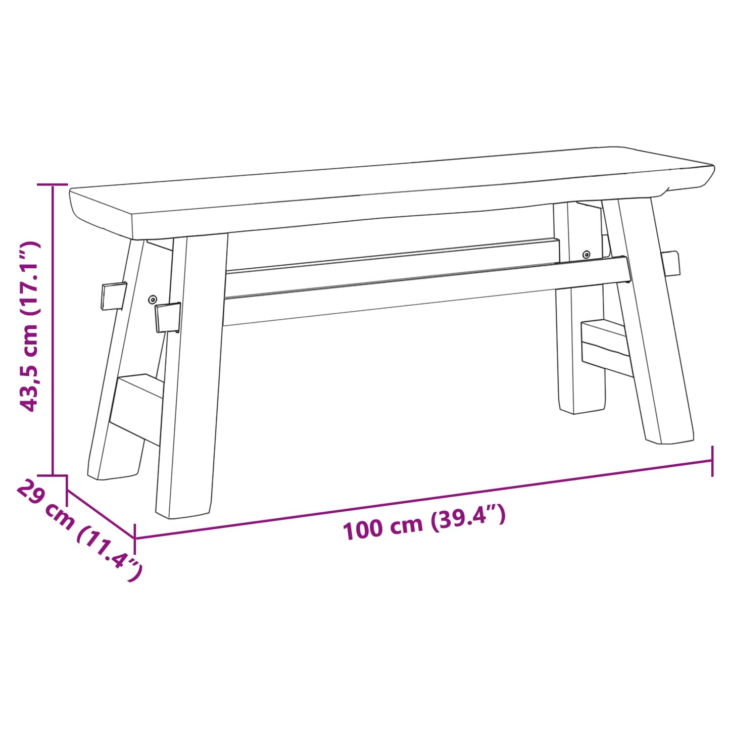 vidaXL παγκάκι Φυσικό 100 x 29 x 43,5 εκ Στερεό Ξύλο Τίκ