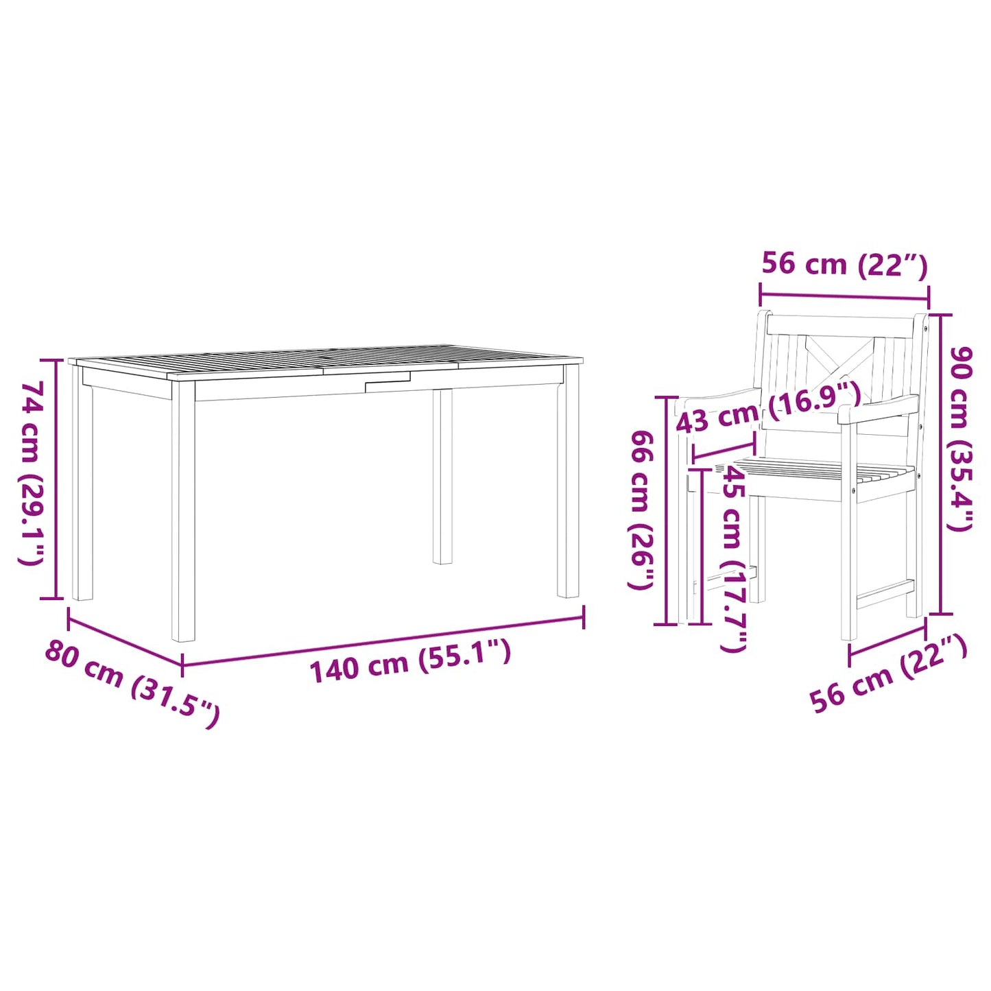 vidaXL Σέτ φαγητού για κήπο 7 pcs Καφέ Στερεό Ξύλο Ακακίας
