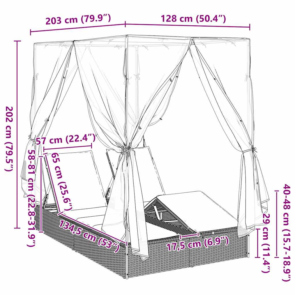 vidaXL Διπλή ξαπλώστρα με οροφή Μαύρο 205 x 129 x 200 εκ PE ρατάν