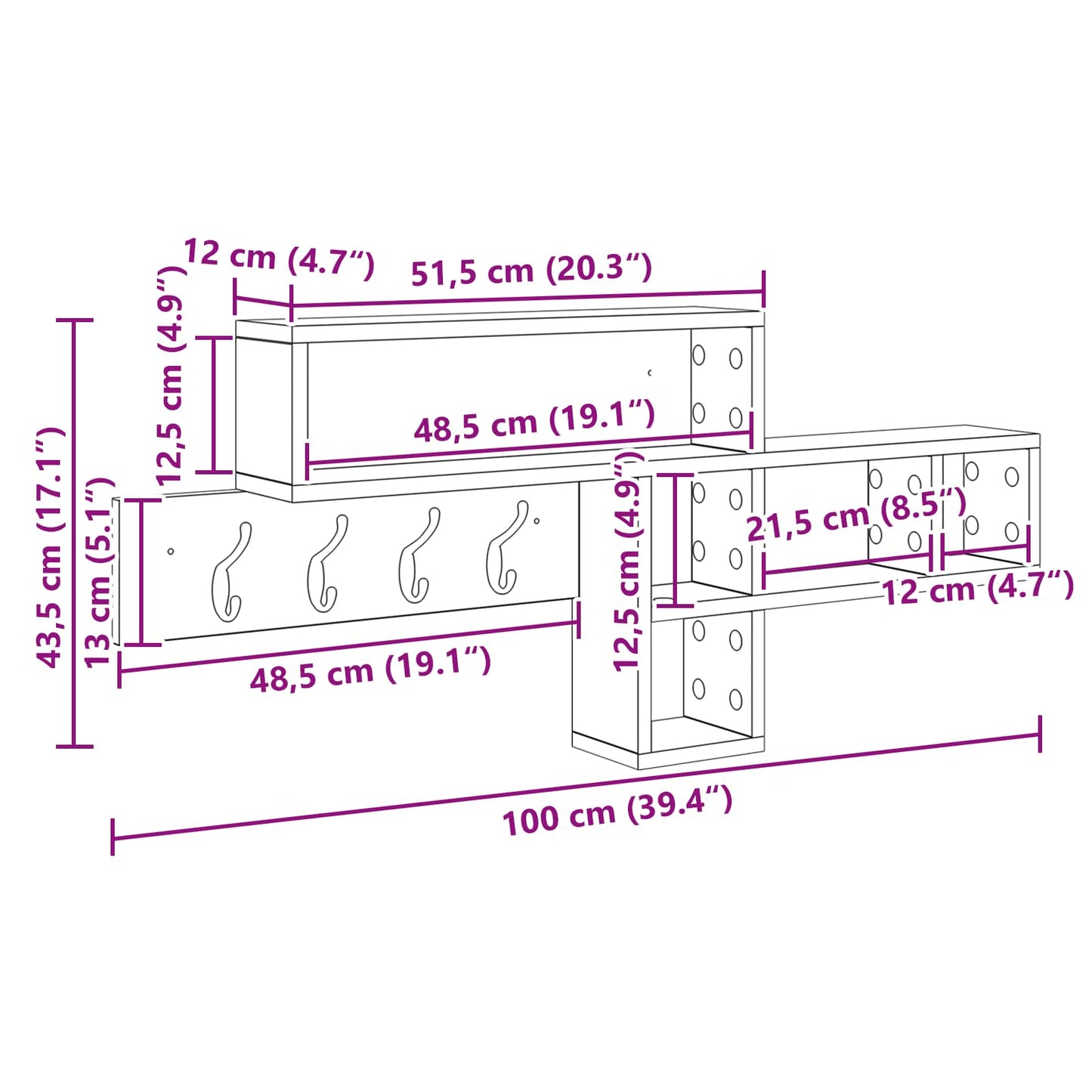 vidaXL Τοίχου Κρεμάστρα Επιτοίχιο Artisan Oak 100 x 12 x 43,5 εκ