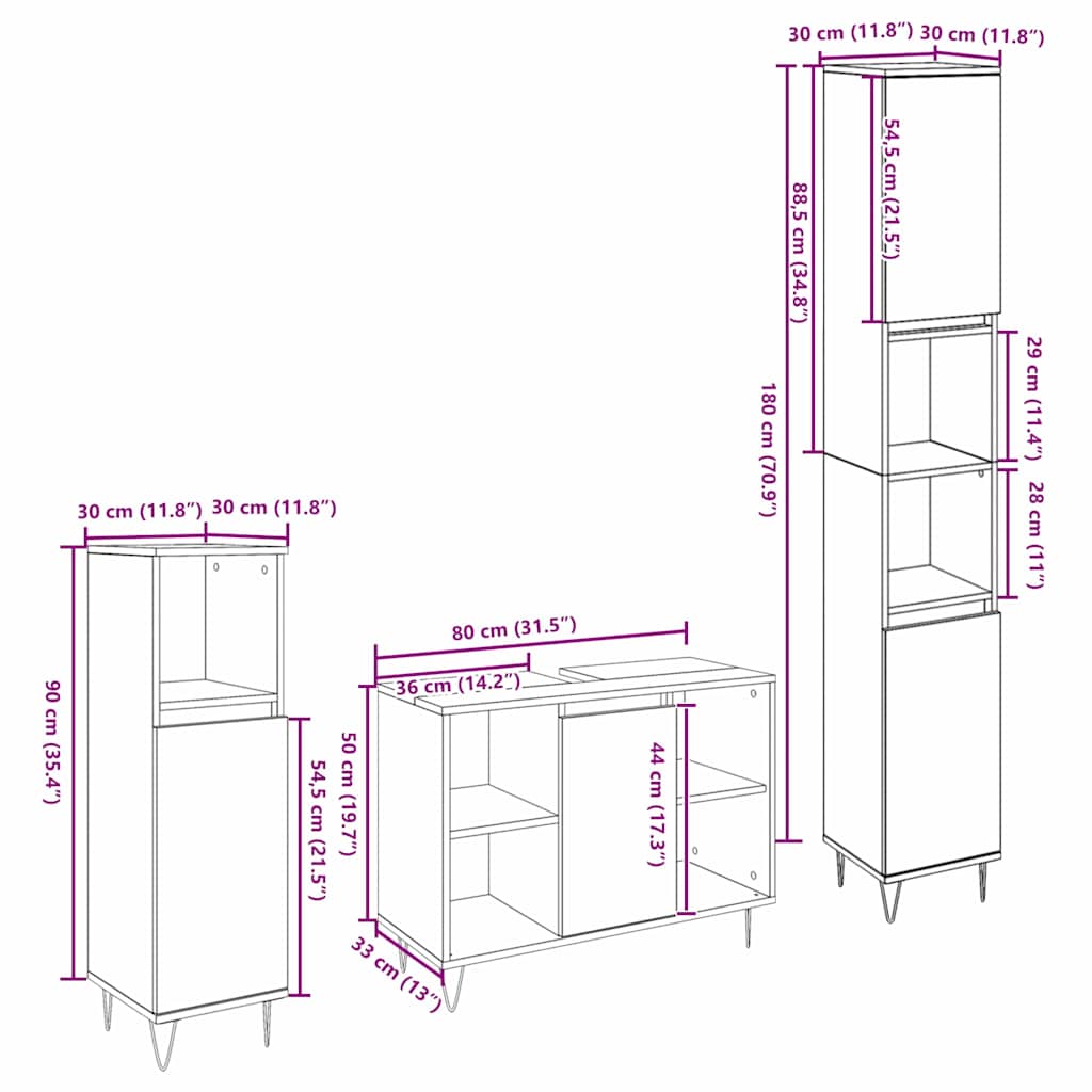 vidaXL Σετ Επίπλων Μπάνιου 3 τεμαχίων Παλαιό Ξύλο Επεξεργασμένο Ξύλο