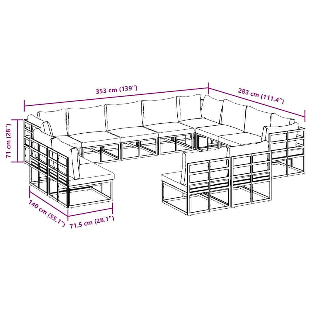 vidaXL Σετ Καναπέ Κήπου 12 pcs Μαύρο 353 x 283 x 71 εκ. Αλουμίνιο