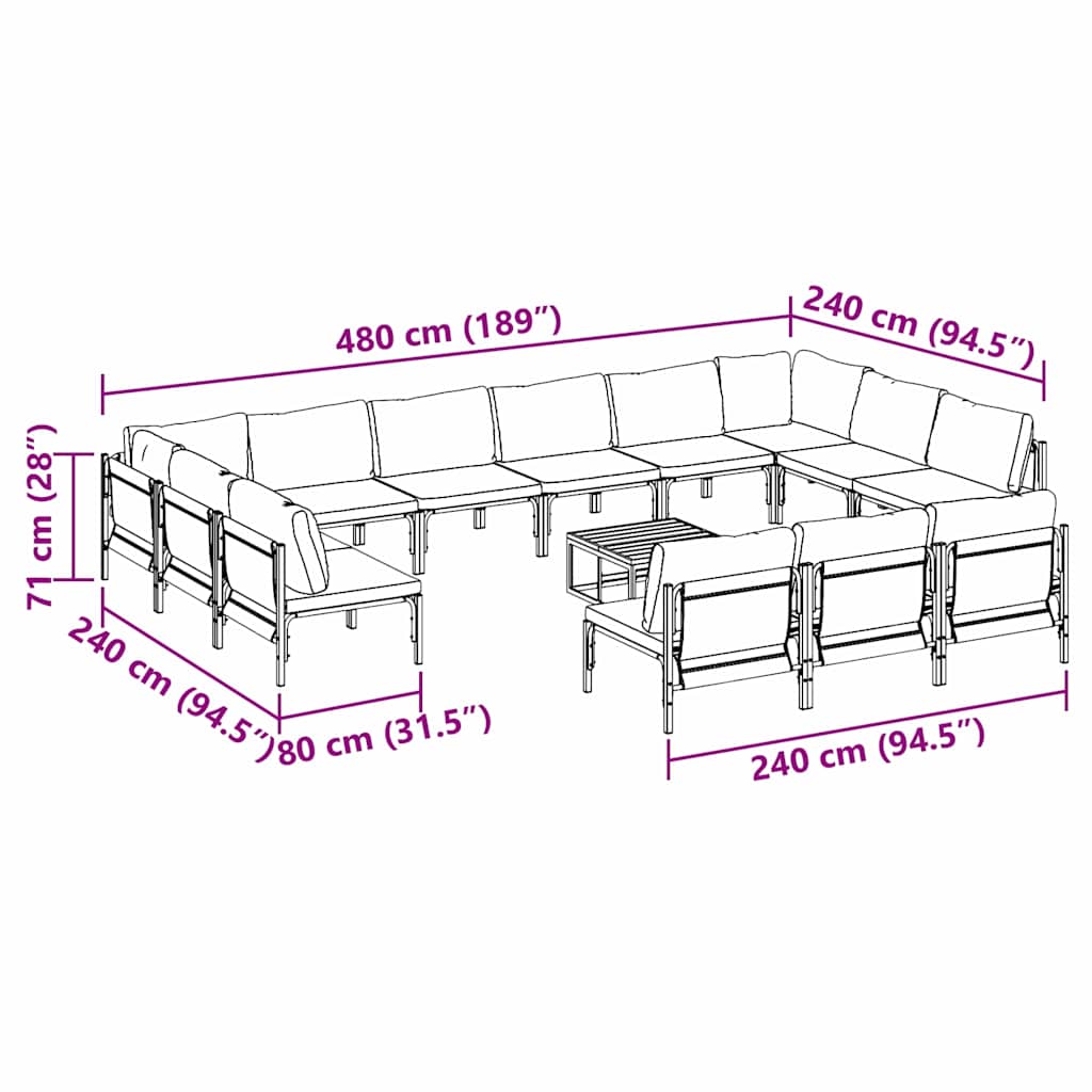 vidaXL Σετ Καναπέ Κήπου με μαξιλάρι 14 pcs Μαύρο Ατσάλι