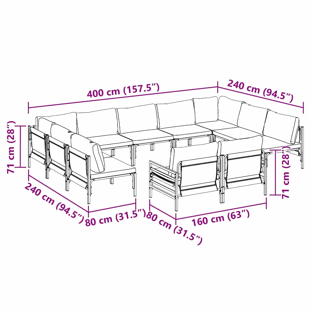 vidaXL Σετ Καναπέ Κήπου 11 pcs Ανθρακί Ατσάλι