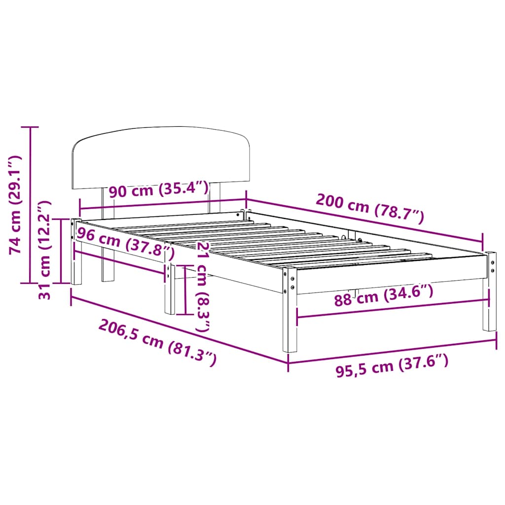 vidaXL Σκελετός Κρεβατιού Λευκό 90 x 200 cm Μασίφ ξύλο πεύκου