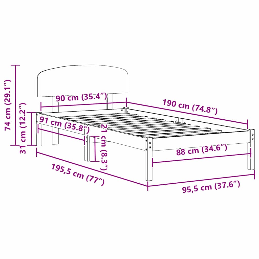 vidaXL Σκελετός Κρεβατιού Καφέ 90 x 190 cm Μασίφ ξύλο πεύκου