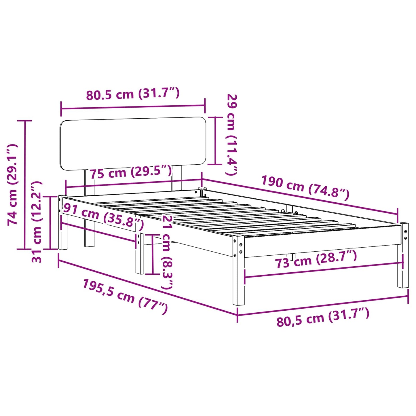 vidaXL Σκελετός Κρεβατιού Κερωτό καφέ 75 x 190 cm Στερεά ξυλεία πεύκου