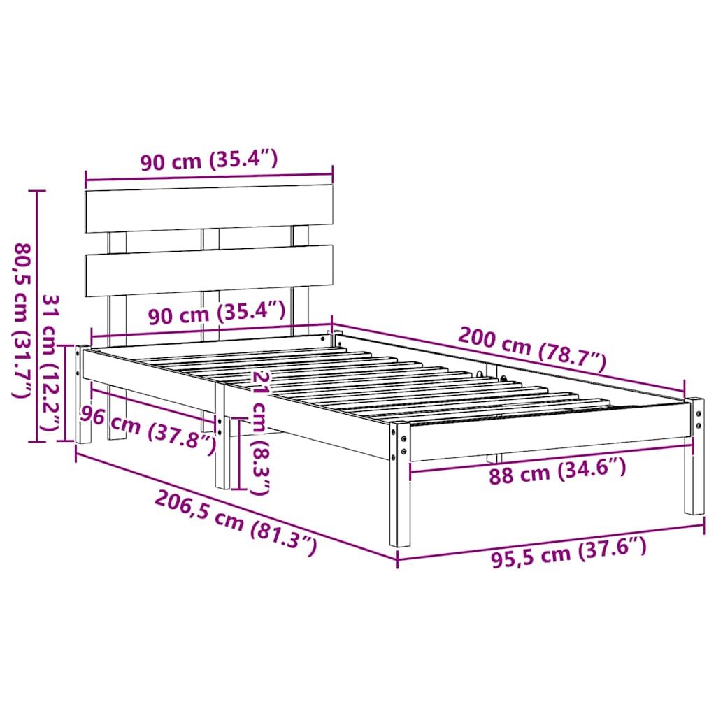 vidaXL Σκελετός Κρεβατιού Καφέ 90 x 200 cm Μασίφ ξύλο πεύκου