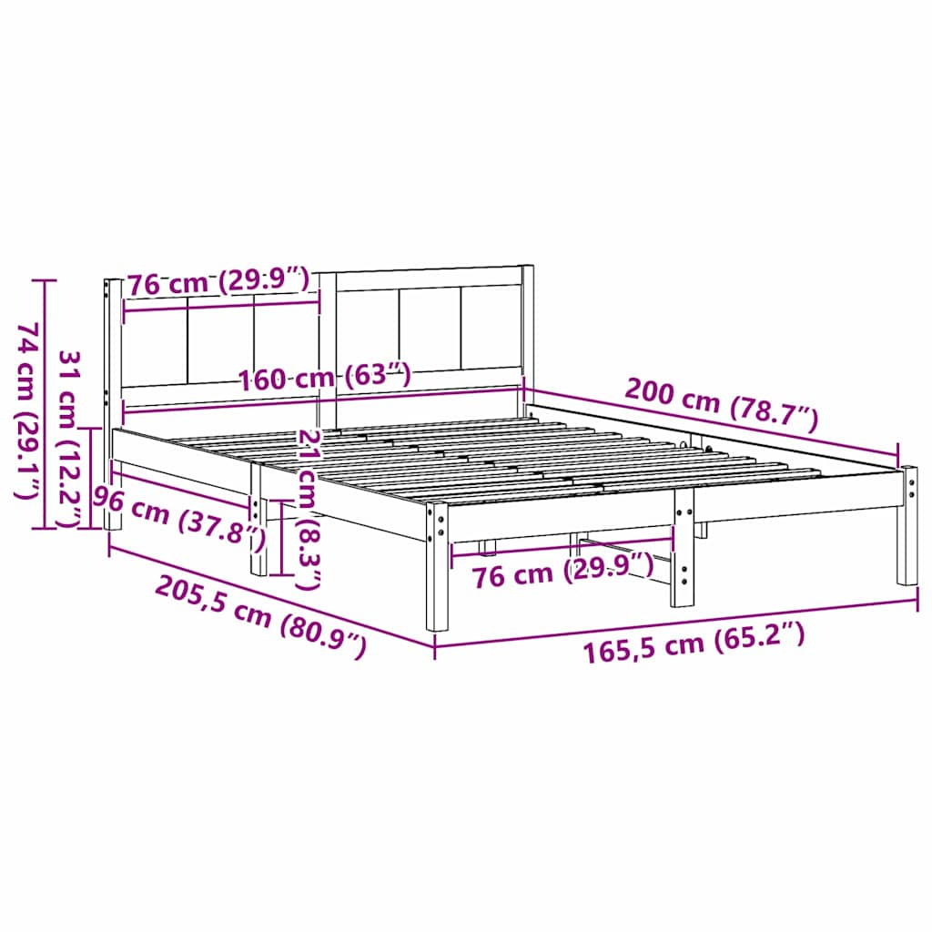 vidaXL Σκελετός Κρεβατιού Καφέ 160 x 200 cm Μασίφ ξύλο πεύκου