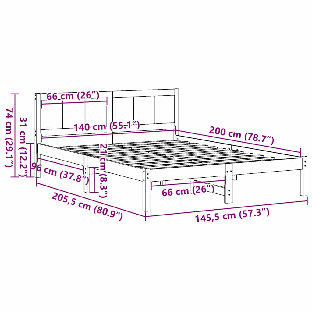vidaXL Σκελετός Κρεβατιού Λευκό 140 x 200 cm Μασίφ ξύλο πεύκου