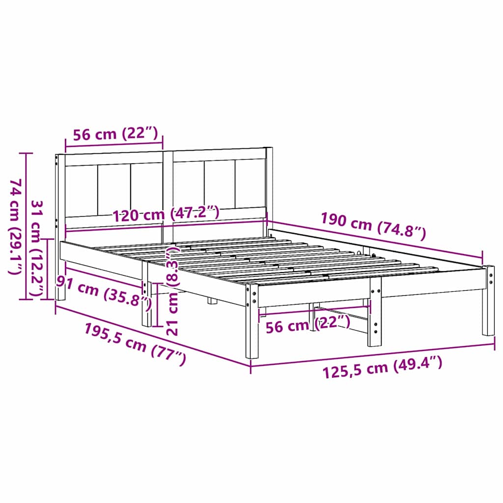 vidaXL Σκελετός Κρεβατιού Καφέ 120 x 190 cm Μασίφ ξύλο πεύκου