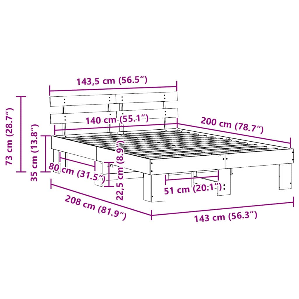 vidaXL Σκελετός Κρεβατιού με κεφαλάρι Καφέ 140 x 200 cm