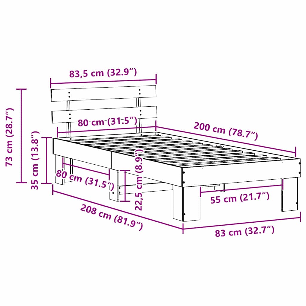 vidaXL Σκελετός Κρεβατιού Κερωτό καφέ 80 x 200 cm Στερεά ξυλεία πεύκου
