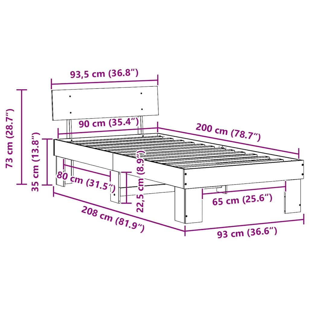 vidaXL Σκελετός Κρεβατιού Κερωτό καφέ 90 x 200 cm Στερεά ξυλεία πεύκου