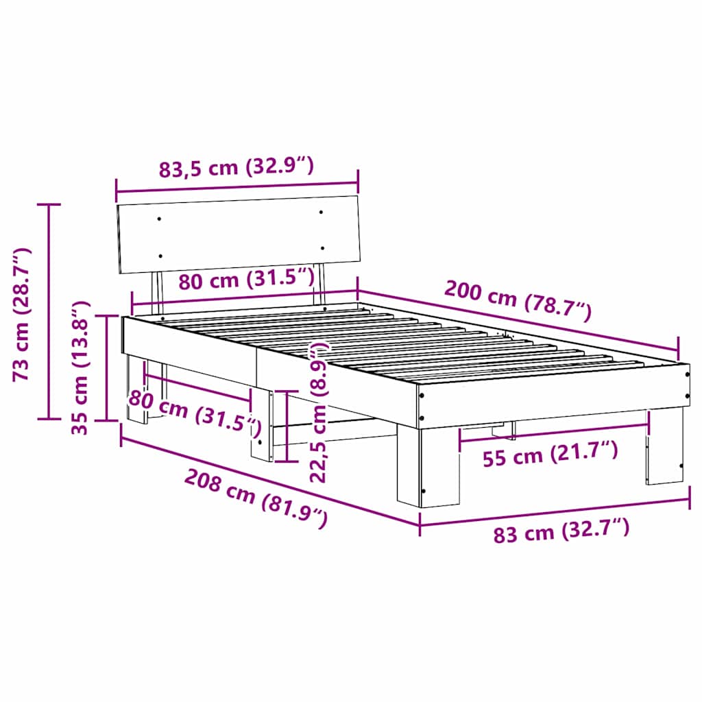 vidaXL Σκελετός Κρεβατιού Φυσικό 80 x 200 cm Στερεά ξυλεία πεύκου